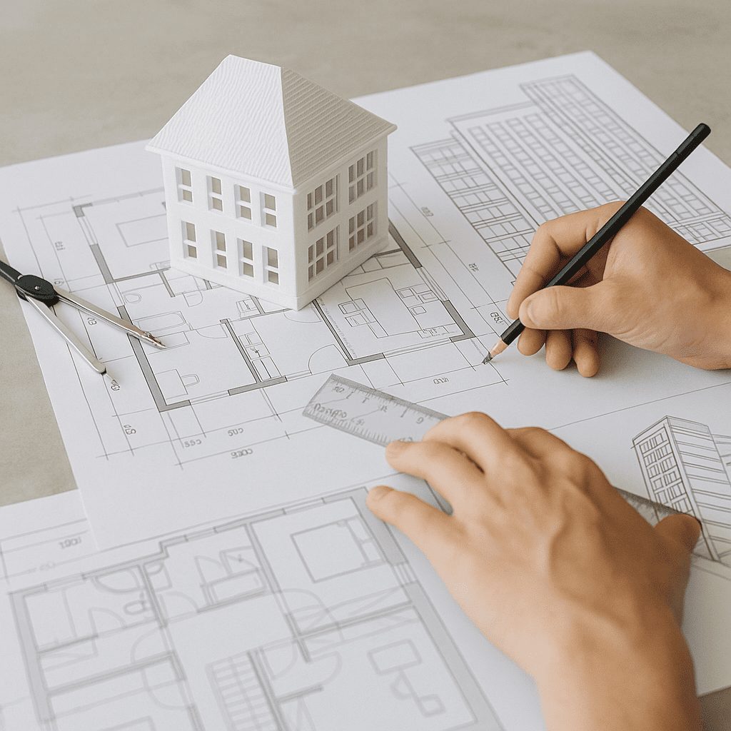 Um projeto arquitetônico descreve as características de uma edificação, incluindo forma, função, dimensões, materiais, cores, iluminação, ventilação, etc.