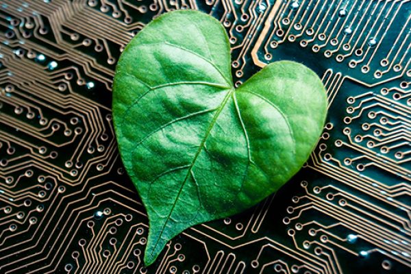 A green leaf with a heart shape on a computer circuit board / green it / green computing / csr / it ethics